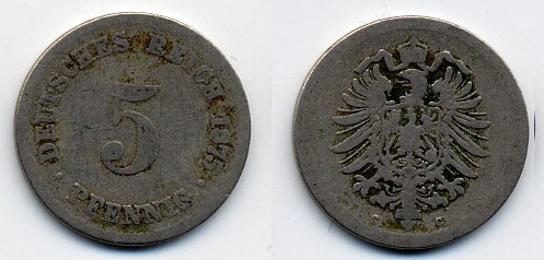 Германия 5 пфеннигов 1875 C, старогербовка KM 3, Jager 3, Weege 5 медно-никель 46-466