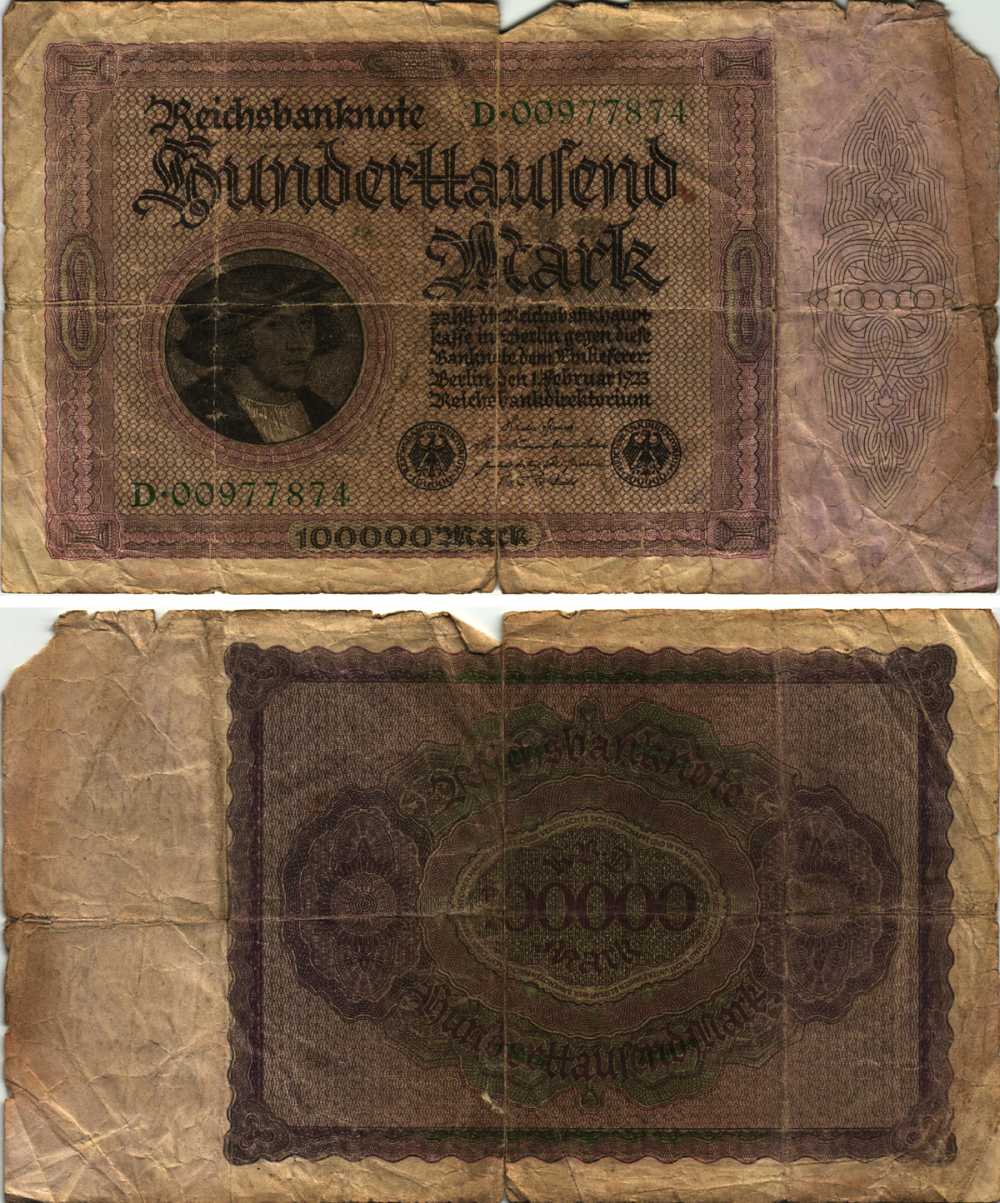 Германия 100000 марок 1923 Георг Гизе, без T под портретом, 8 цифр в номере Pick 83 a, Розенберг 82 а бумага 8610-36-1