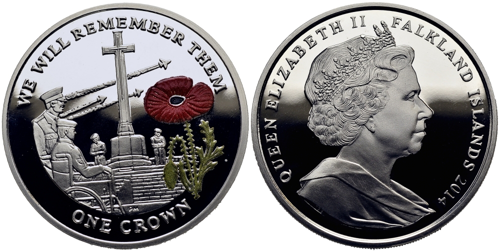 Фолклендские острова 1 крона 2014 в память героев первой мировой войны, военный мемориал Содружества, красный мак KM 176a.1 серебро, эмаль  PROOF 1071-2-42