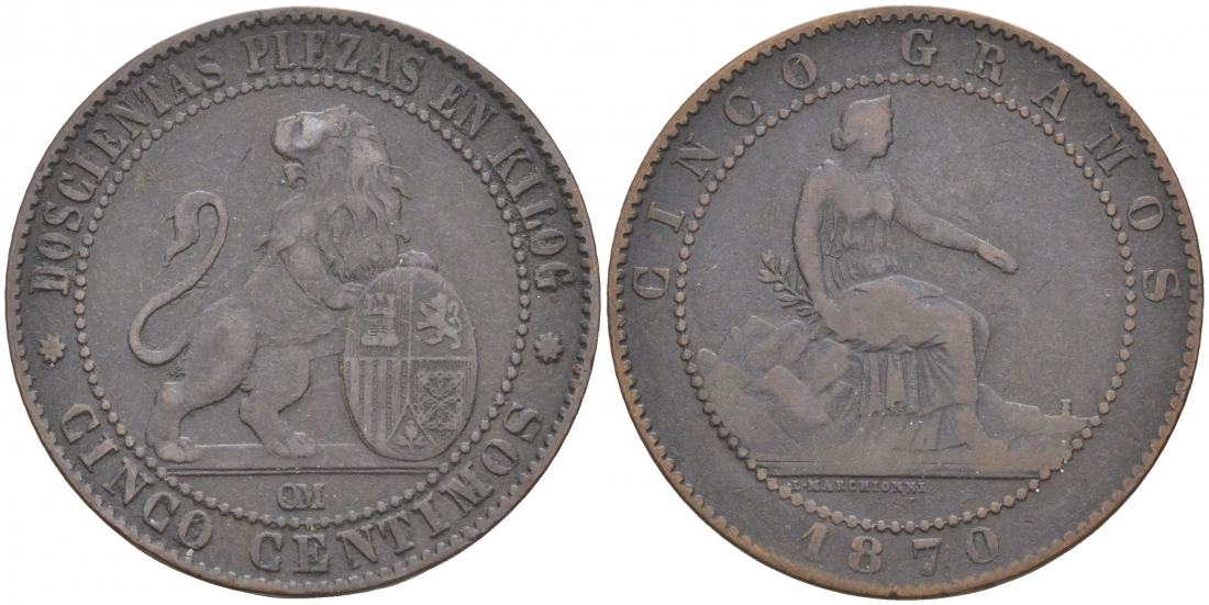 Испания 5 сентимо 1870 ОМ, лев со щитом KM 662 (Y53) медь 3853-1233