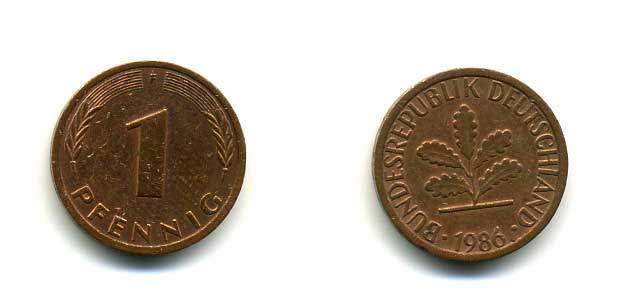 ФРГ 1 ПФЕННИГ 1986 F KM 105, J.380 сталь плакированная медью 83-1411