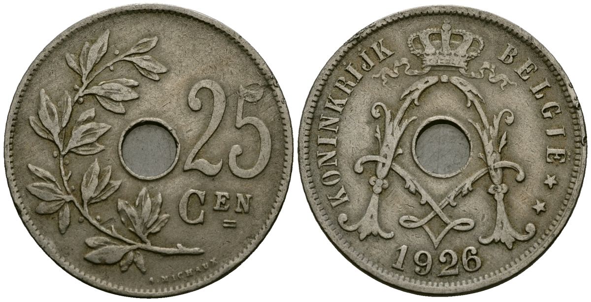 Бельгия 25 сантимов 1926 Belgie KM 69 медно-никель 4165-911