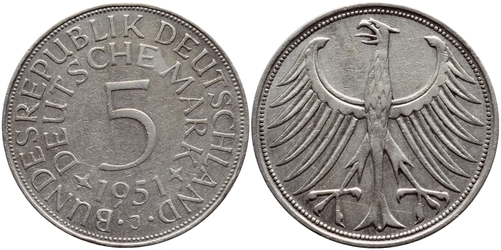 ФРГ 5 марок 1951 J (Гамбург), J. 387, KM 112.1 серебро 84-125
