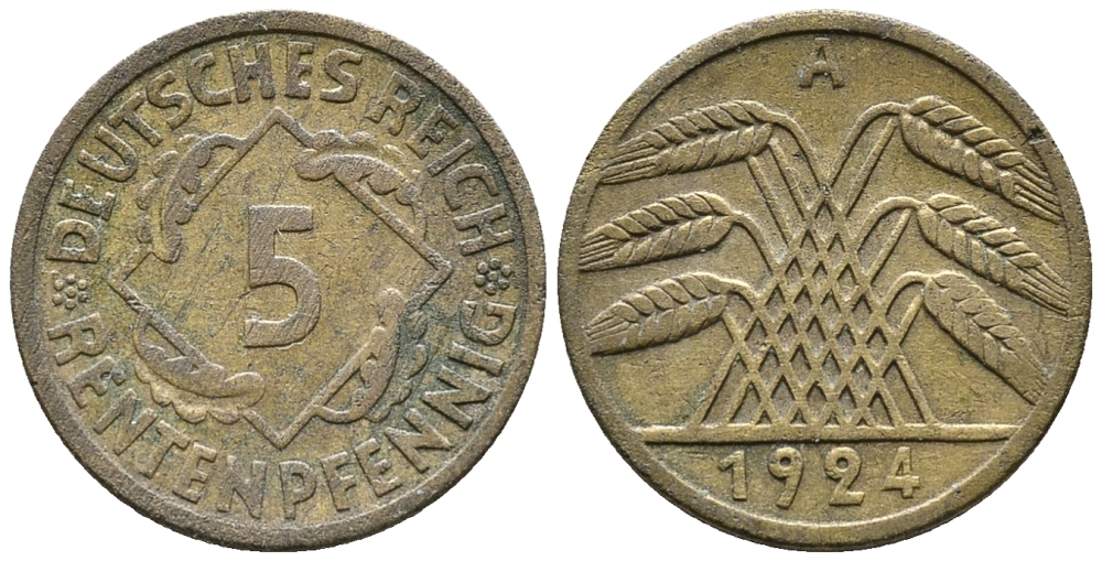 ГЕРМАНИЯ 5 РЕНТЕНПФЕННИГОВ 1924 A KM 32, J. 308 алюминиевая бронза 39-456