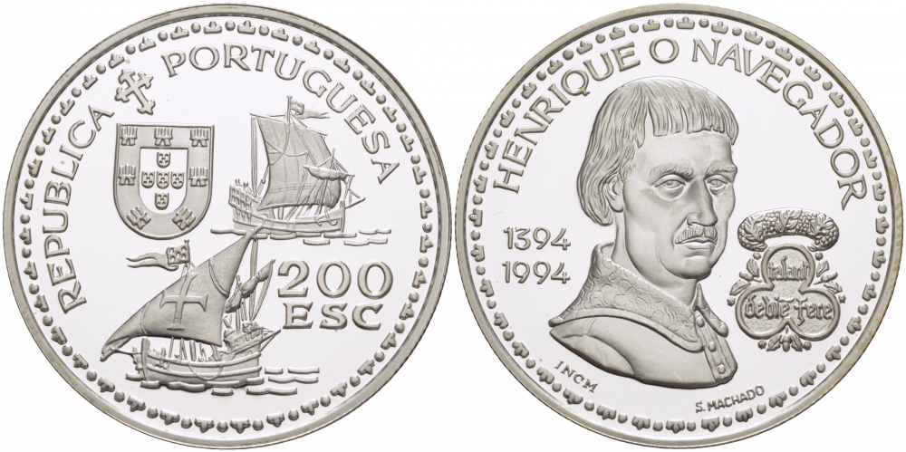 Португалия 200 эскудо 1994 МАЧАДО (1394-1994) KM 670а серебро PROOF 00-00