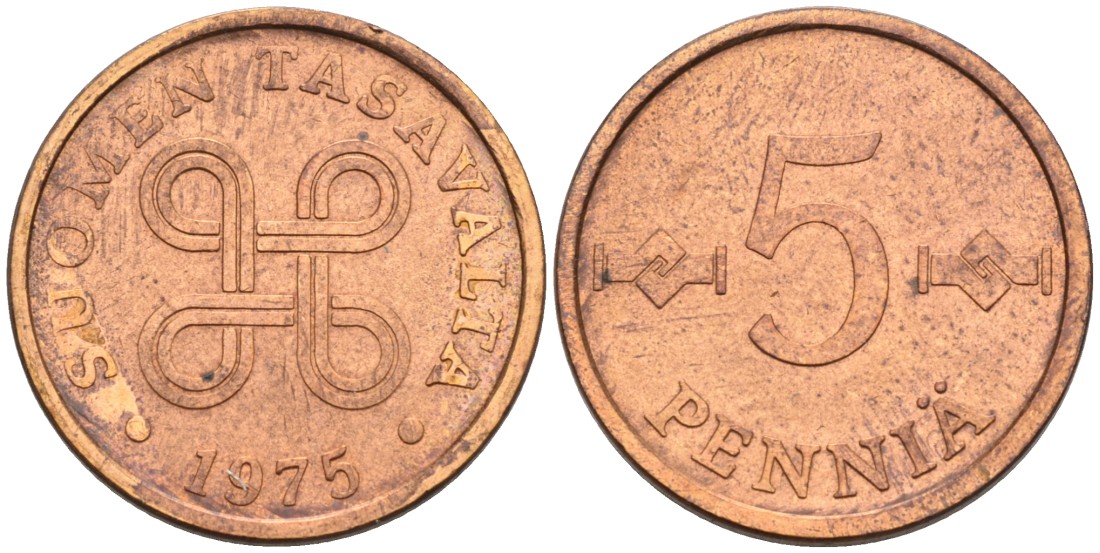 ФИНЛЯНДИЯ 5 ПЕННИ 1975 KM 45 медь 4549-1145