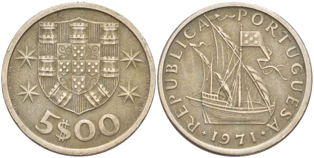 ПОРТУГАЛИЯ 5 ЭСКУДО 1971 ПАРУСНИК KM 591 медно-никель 4523-543