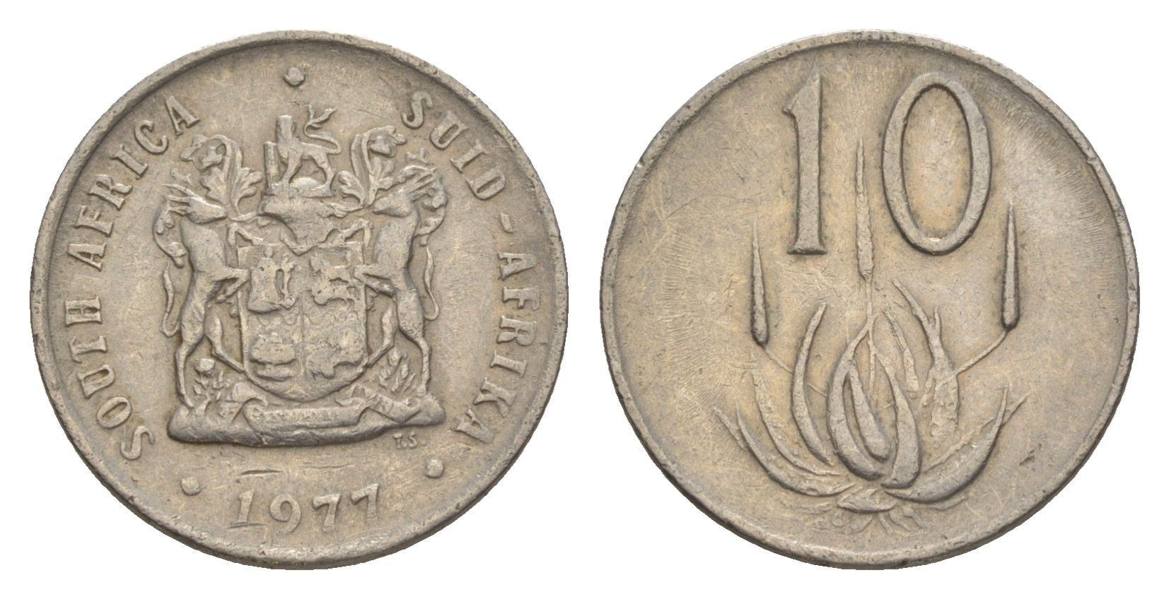 ЮАР 10 центов 1977 герб, цветок алоэ KM 85 никель 4598-1268