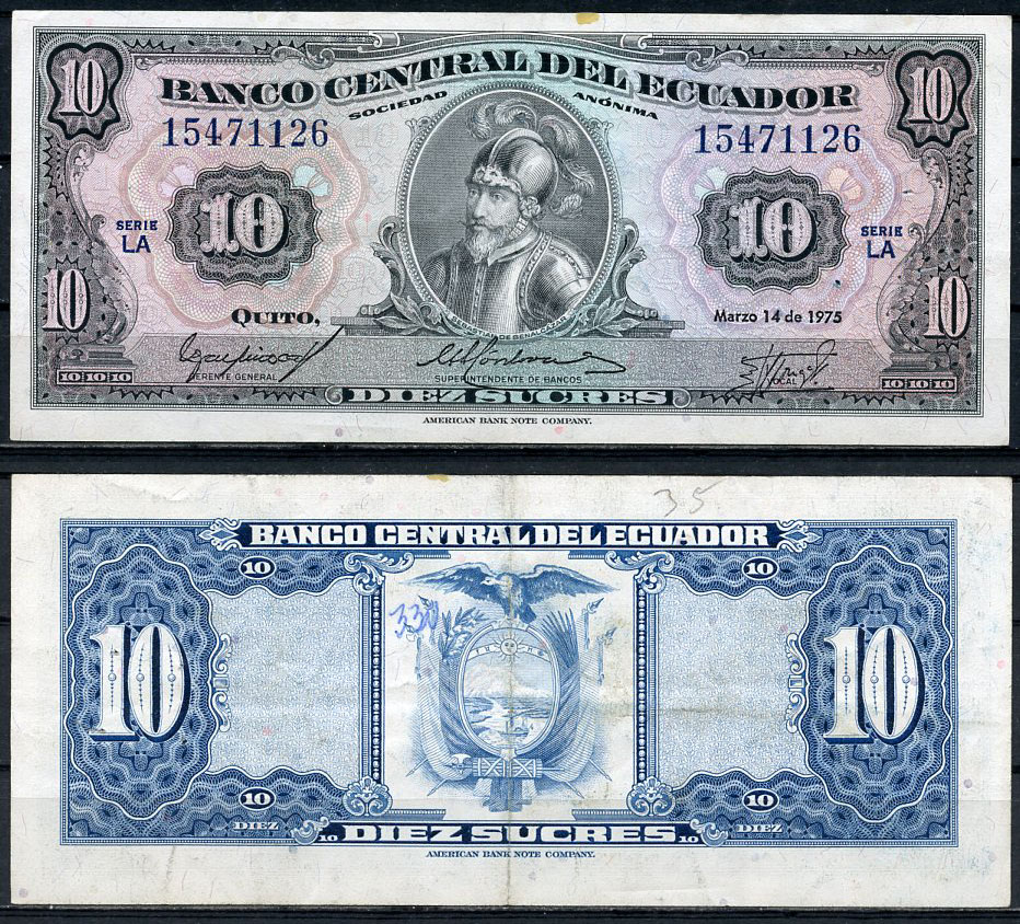 Эквадор 10 сукре 1975 Себастьян де Белалькасар, серия LA Pick 109 (1975 (3))  бумага   444-98-2-2