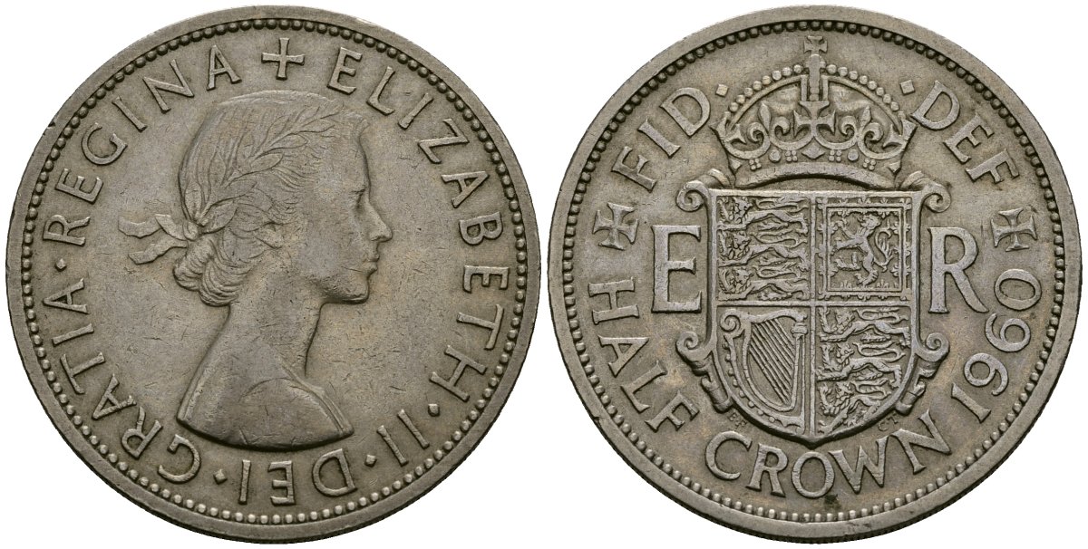 Великобритания 1/2 кроны 1960 Елизавета II (1952-2022) KM 907, Spink 4145 медно-никель 4125-534