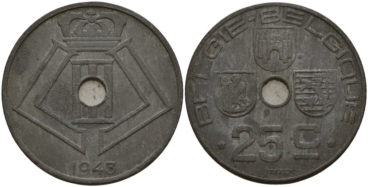 Бельгия 25 сантимов 1943 Belgie - Belgique, Леопольд III (1934-1947), германская оккупация, Вторая мировая война KM 132 цинк 4157-612