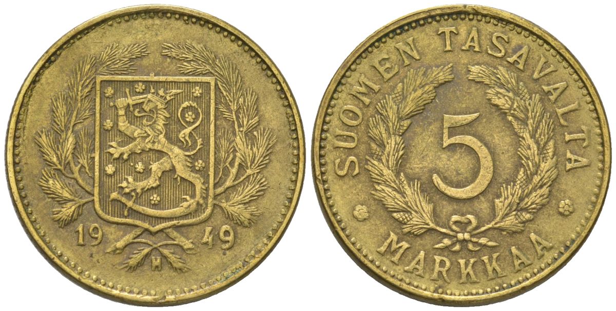Финляндия 5 марок 1949 H KM 31a латунь 4586-437