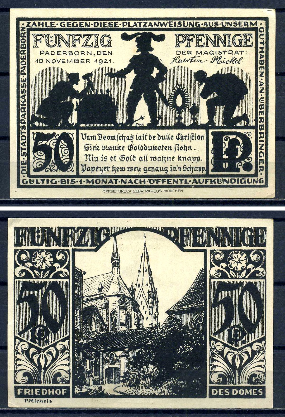 Падерборн (Вестфалия) 50 пфеннигов 1921 DeNG 1/2 1043.6-2/5 бумага UNC (пресс) 7556-4-4-2