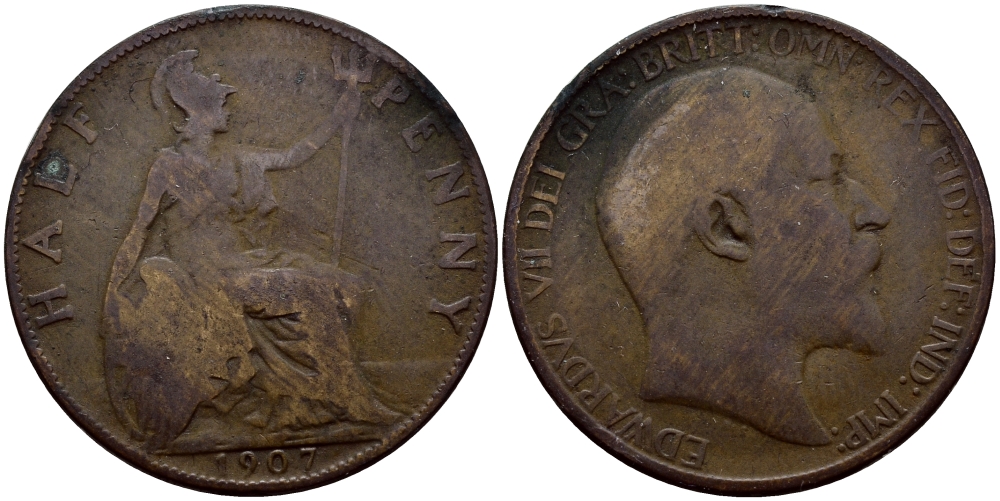 Великобритания 1/2 пенни 1907 Эдуард VII (1901-1910) KM 793.2, Spink 3991 бронза 58-316