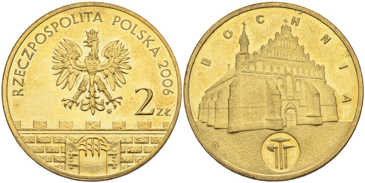 Польша 2 злотых 2006 MW, серия польские города, Бохня (BOCHNIA) KM 543, Parchimowicz 987 латунь 4539-1134