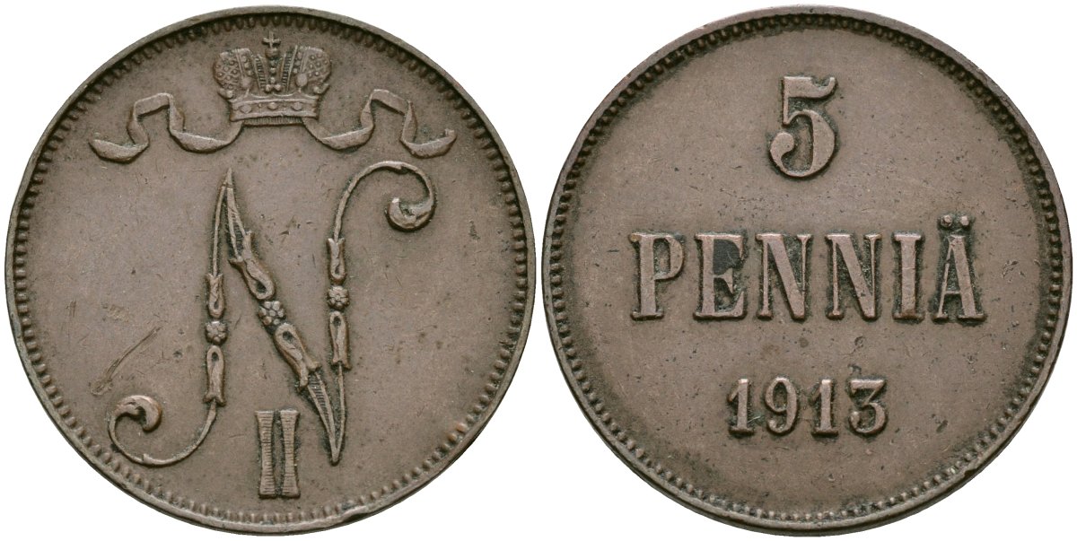 Россия для Финляндии 5 пенни 1913 Николай II (1894-1917) КМ 15, Биткин 453 медь 4582-1233