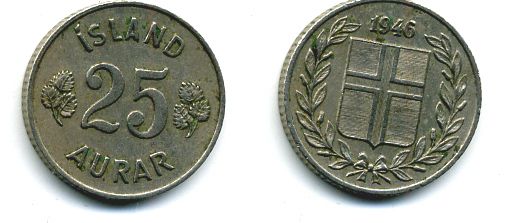 Исландия 25 эйре 1946 KM 11 медно-никель 46-2426