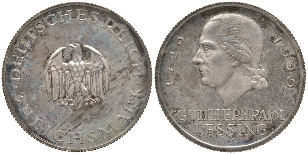 Германия 3 марки 1929 F, 200 лет со дня рождения Лессинга Weege 36, J. 335, KM 60 серебро PROOF 00-806-28