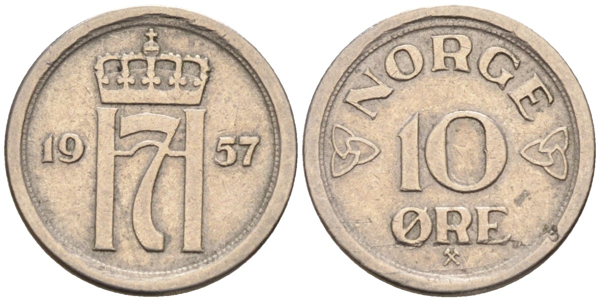 Норвегия 10 эре 1957 Хокон VII (1905-1957) KM 396 медно-никель 4580-957