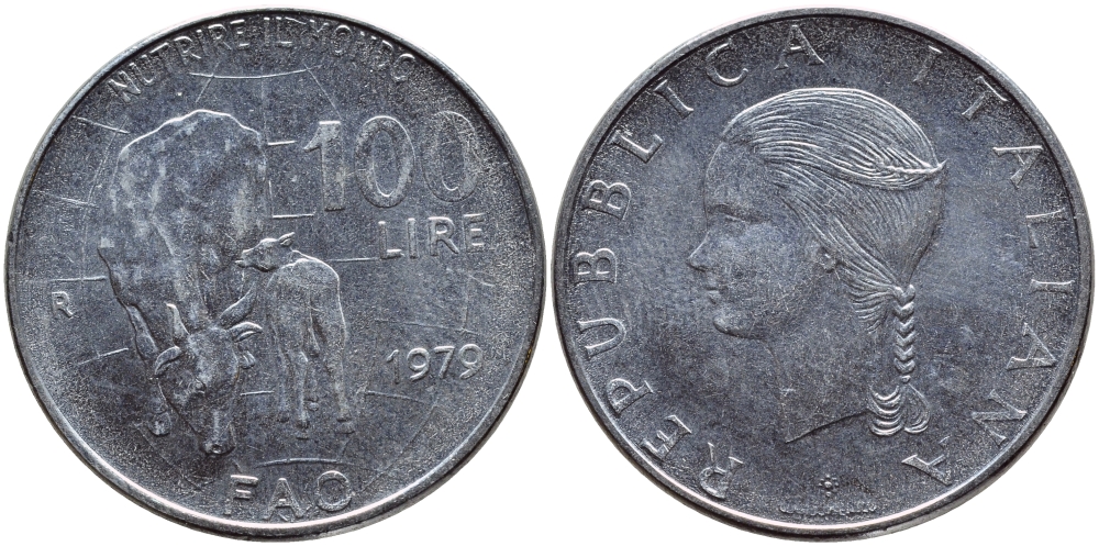 Италия 100 лир 1979 R, FAO, корова с теленком KM 106 нержавеющая сталь 4394-626