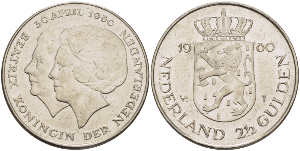 Нидерланды 2 1/2 гульдена 1980 коронация Беатрикс, 30 апреля 1980 KM 201 никель 38-123
