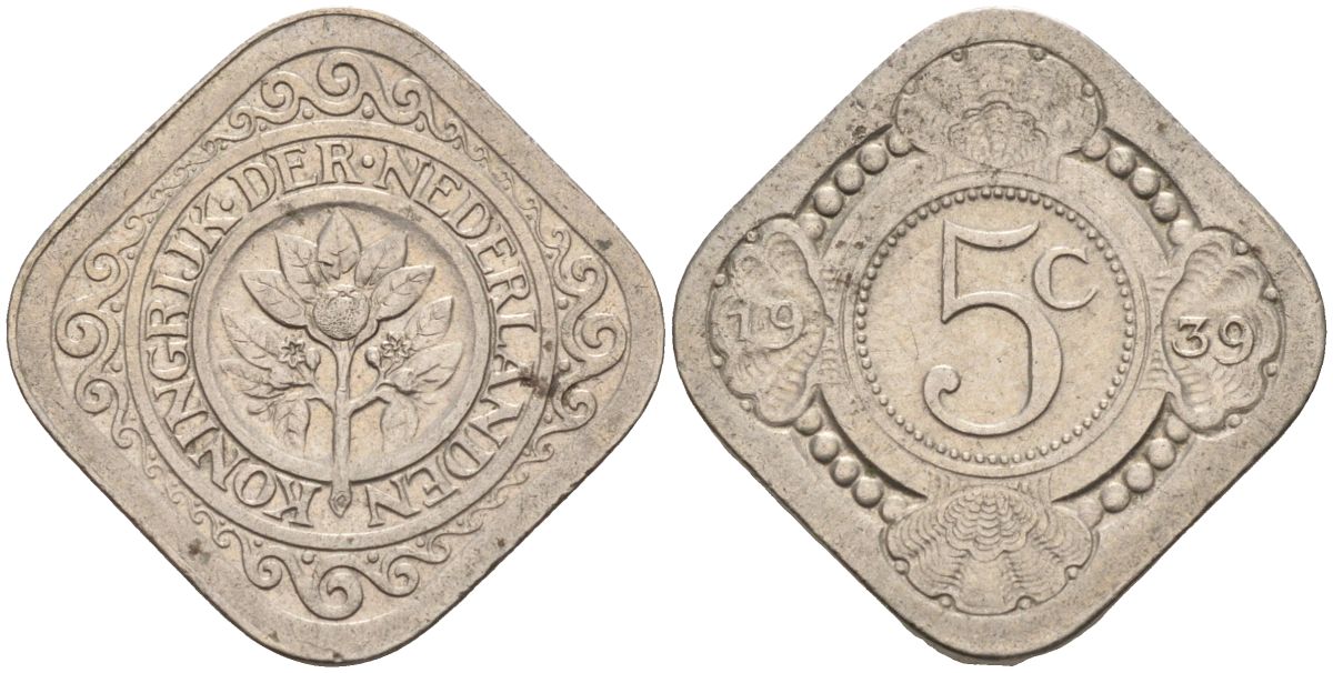Нидерланды 5 центов 1939 Вильгельмина (1890-1948) KM 153 медно-никель 4592-843