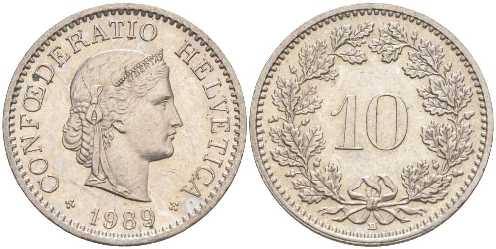 ШВЕЙЦАРИЯ 10 РАППЕНОВ 1989 В KM 27 медно-никель 55-531