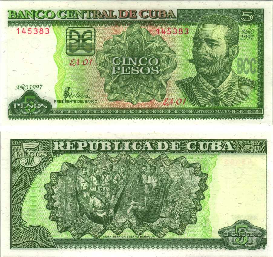 Куба 5 песо 1997 Антонио Масео, конференция между А. Масео и генералом А. Мартинесом Кампосом в Мангос-де-Барагуа (1878) Pick 116а бумага аUNC 7191-28-1-2