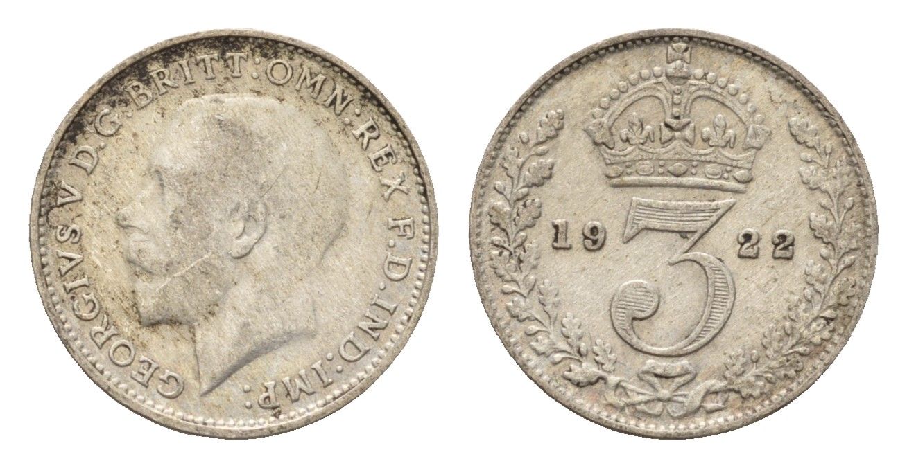 Великобритания 3 пенса 1922 Георг V (1910-1936) KM 813a, Spink 4026 серебро 100-635