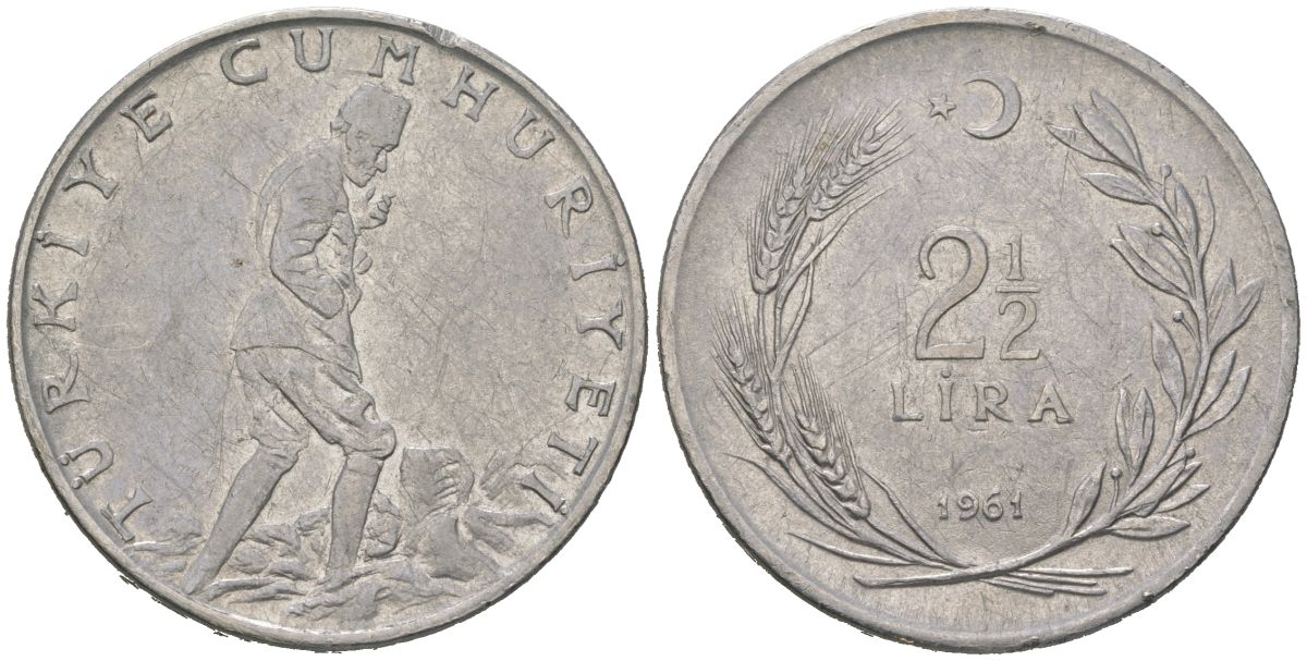 Турция 2 1/2 лиры 1961 KM 893.1 нержавеющая сталь 4590-922