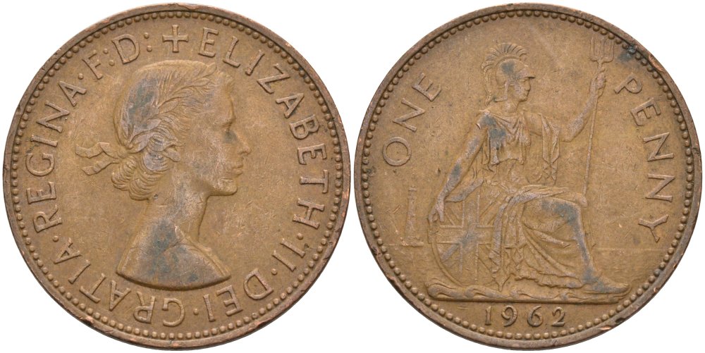 Великобритания 1 пенни 1962 Елизавета II (1952-2022) KM 897, Spink 4157 бронза 4574-212