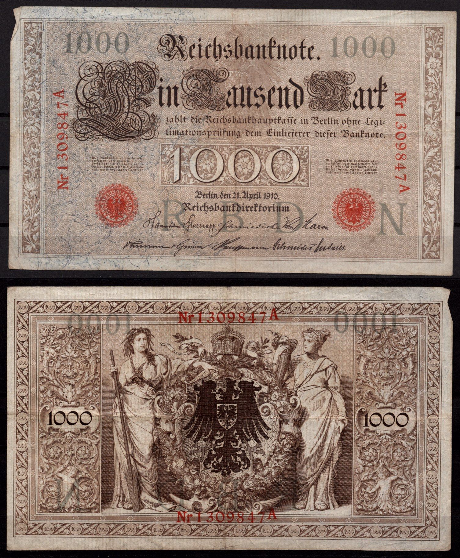 Германия 1000 марок 1910 Берлин, A; аллегорические фигуры («Мореплавание» и «Земледелие»), герб Pick 44 b бумага 7547-80-2-1