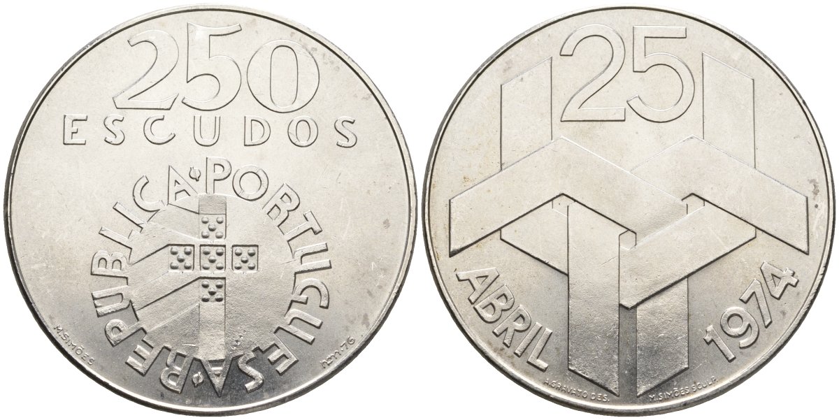 Португалия 250 эскудо 1976 Революция гвоздик 25 апреля 1974 года KM 604 серебро UNC 4558-324