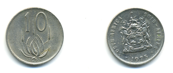 ЮАР 10 ЦЕНТОВ 1975 ГЕРБ, ЦВЕТОК АЛОЭ KM 85 никель 86-1242