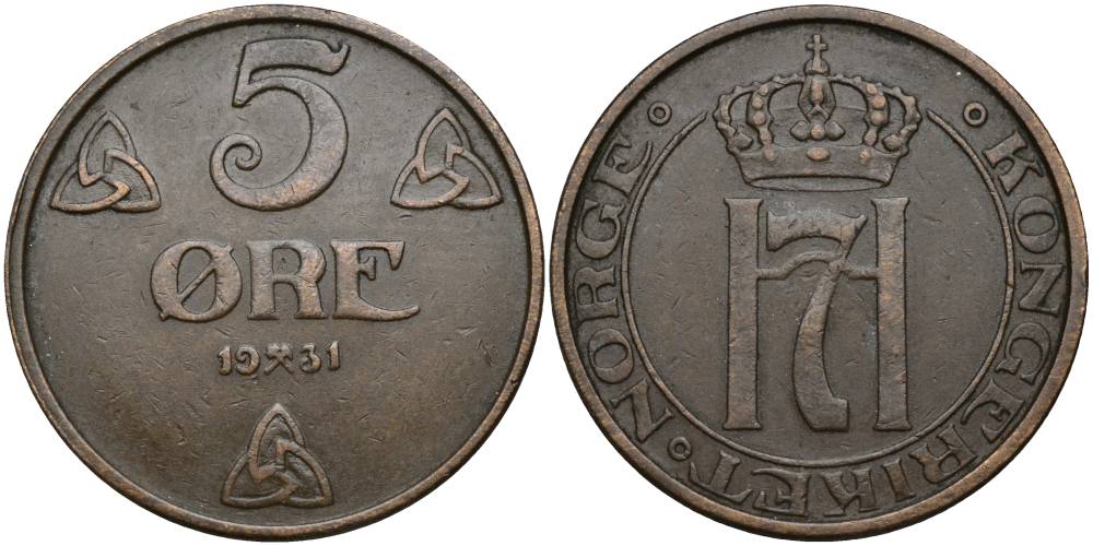 Норвегия 5 эре 1931 Хокон VII (1905-1957) KM 368 бронза 27-253