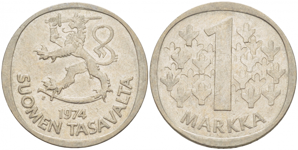 ФИНЛЯНДИЯ 1 МАРКА 1974 S KM 49а медно-никель 3718-1222