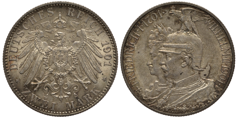 Пруссия 2 марки 1901 A, 200 лет Прусской королевской династии (Фридрих I - Вильгельм II) J.105, Weege 105, KM 525 серебро 3711-1011