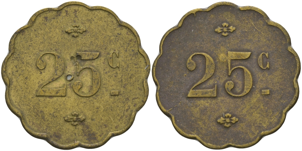 ФРАНЦИЯ 25 САНТИМОВ ND ПЛАТЕЖНЫЙ ЖЕТОН НАЧАЛА XX ВЕКА, КРАЙ ФИГУРНЫЙ, ДИАМЕТР 24 ММ. латунь 98-926