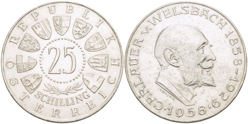 Австрия 25 шиллингов 1958 100 лет со дня рождения Карла Вельсбаха KM 2884 серебро 4403-612