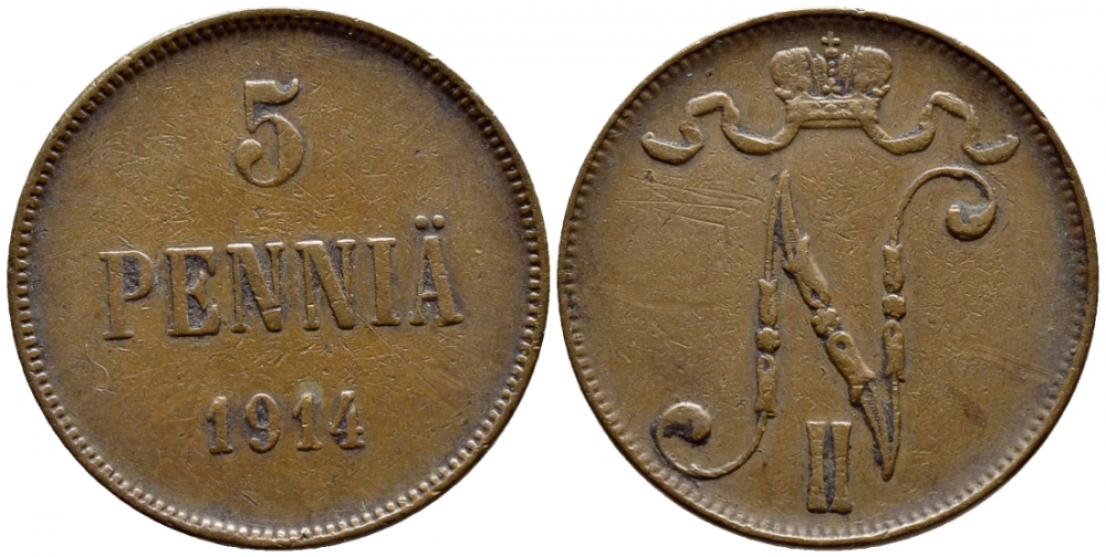 Россия для Финляндии 5 пенни 1914 Николай II (1894-1917) KM 15, Биткин 454 медь 633-135