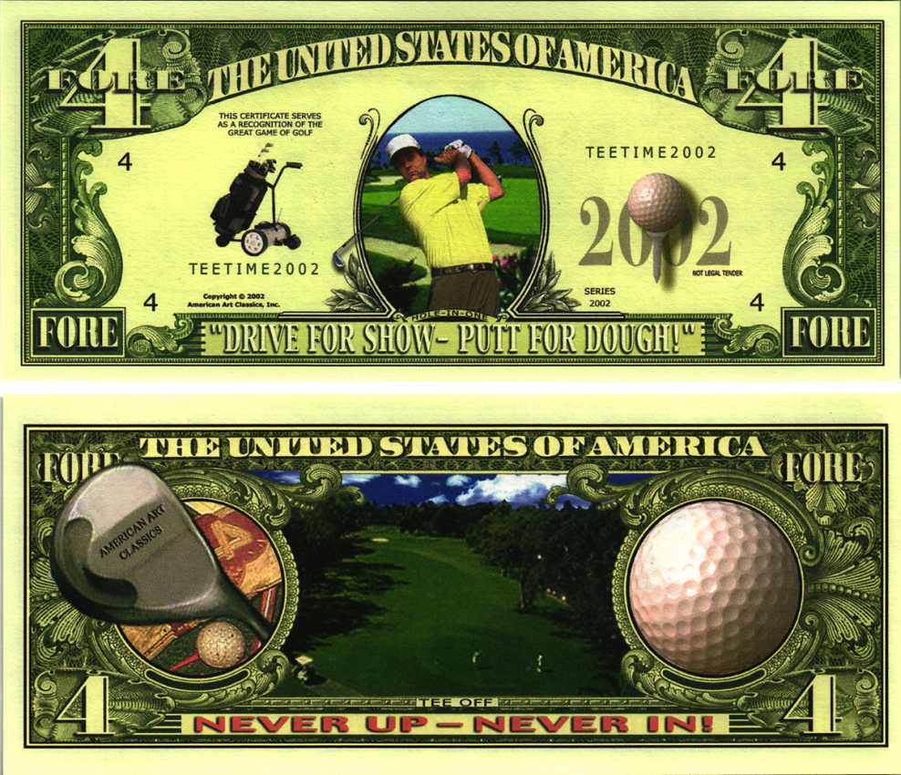 США 4 ДОЛЛАРА 2002 СУВЕНИРНАЯ БАНКНОТА,СПОРТИВНАЯ СЕРИЯ, ГОЛЬФ бумага UNC (ПРЕСС) 7198-42-3-2