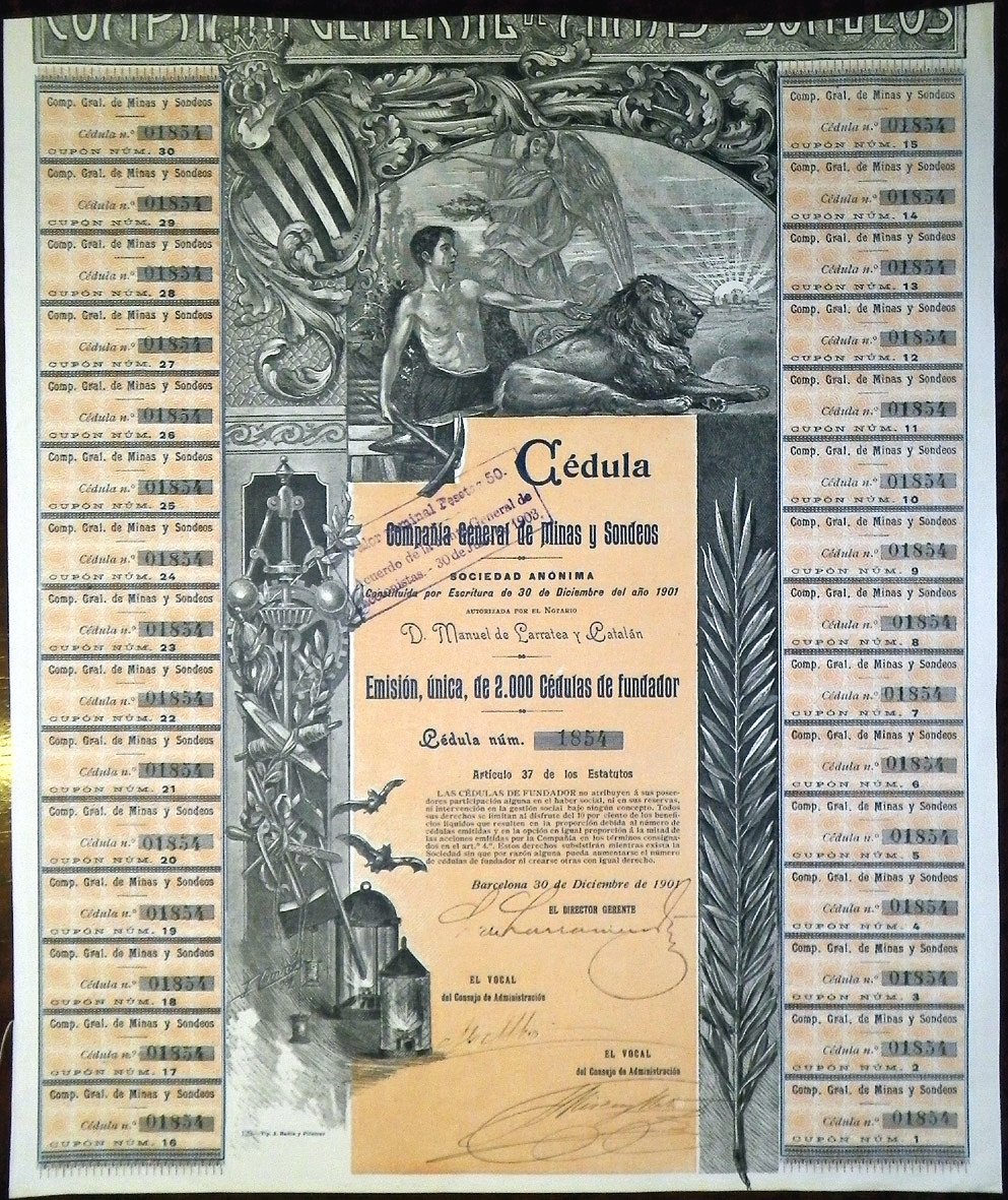 ИСПАНИЯ, CEDULA COMPANIA GENERAL DE MINAS Y SONDEOS АКЦИЯ В 50 ПЕСЕТ 1901 ИСПАНИЯ бумага 5553-25