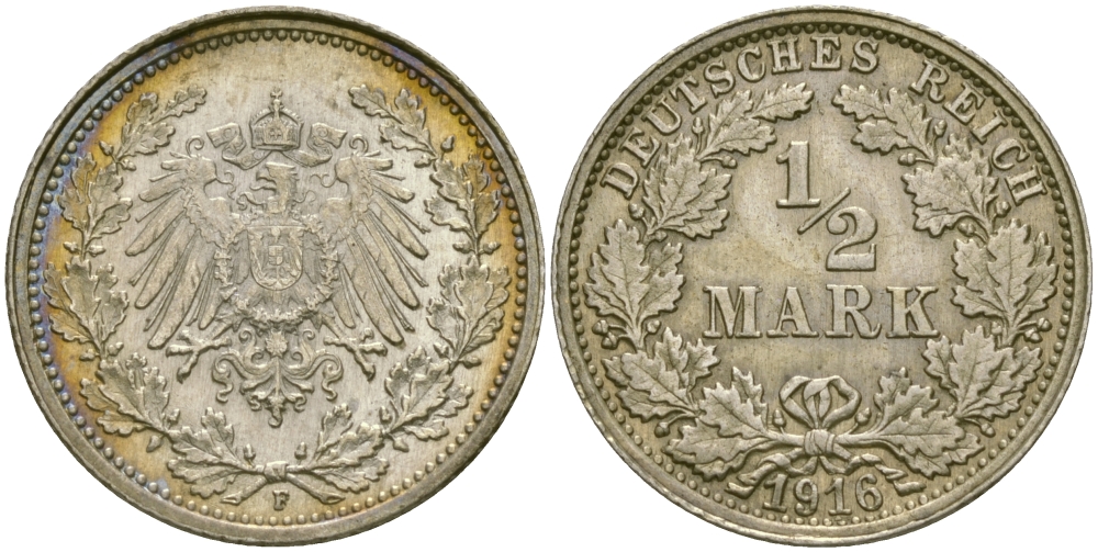 ГЕРМАНИЯ 1/2 МАРКИ 1916 F J. 16, KM 17 серебро UNC 65-246
