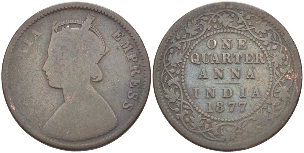 БРИТАНСКАЯ ВОСТОЧНАЯ ИНДИЯ 1/4 АННА 1877 КОРОЛЕВА ВИКТОРИЯ KM 486 медь 217-651