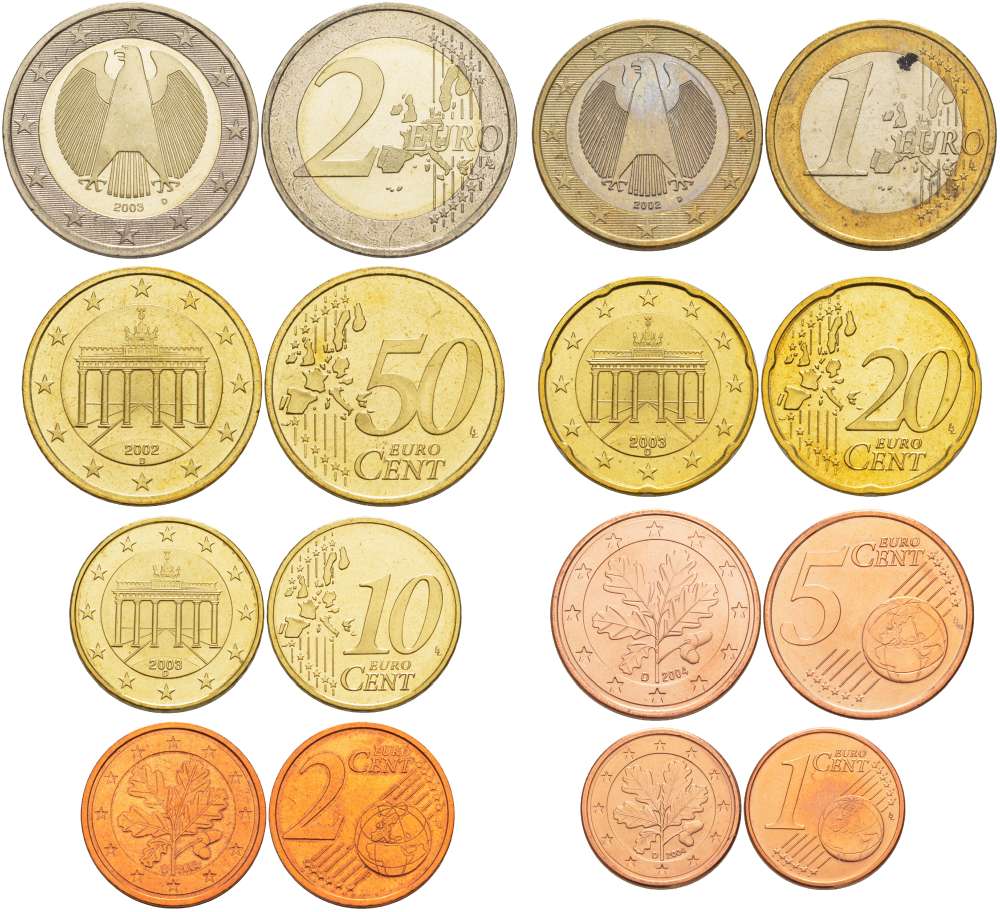ФРГ евронабор из 8 монет 2002-2004 D, монеты в капсулах 1094-2-12-82