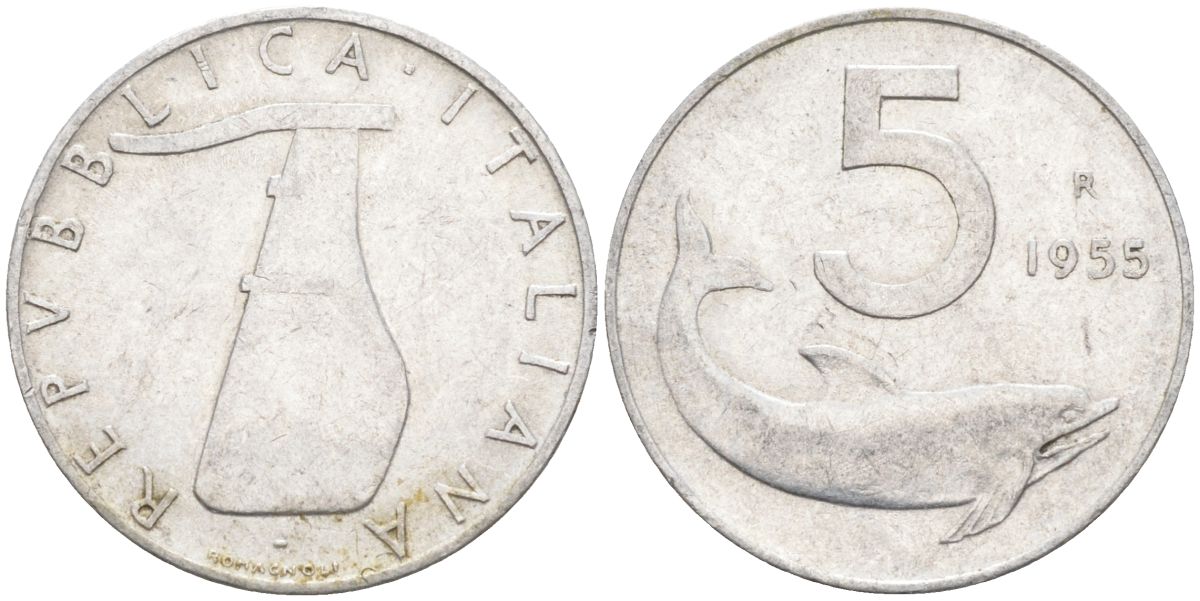 Италия 5 лир 1955 R, плуг, дельфин KM 92 алюминий 4549-331