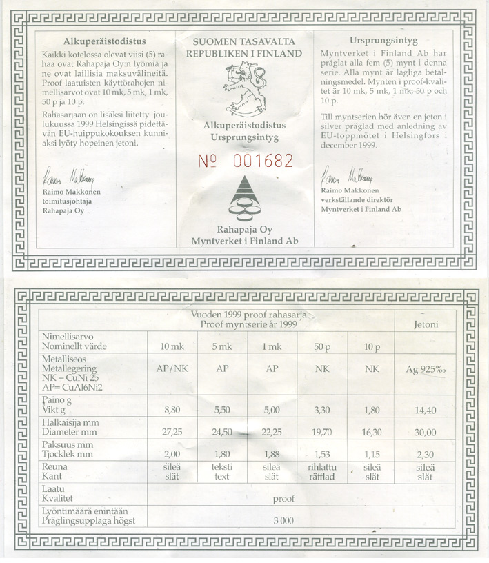 Финляндия набор из 5 монет + медаль 1999 официальный набор, с сертификатом, Саммит в Хельсинки, тираж 3000 экз. PROOF 5-6-2-9