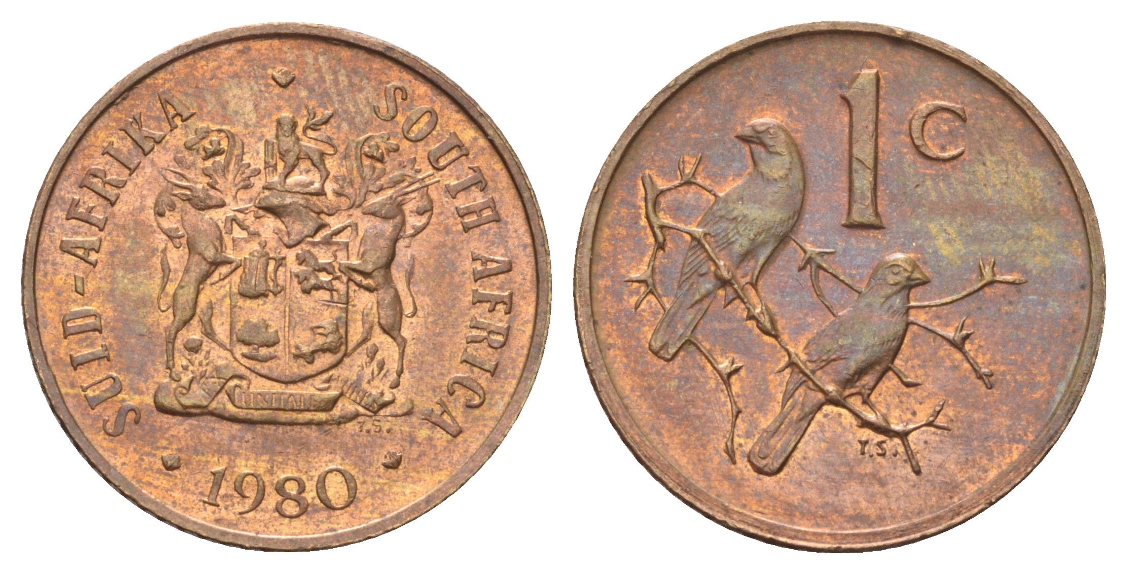 ЮАР 1 цент 1980 герб, капские воробьи KM 82 бронза UNC 4696-927