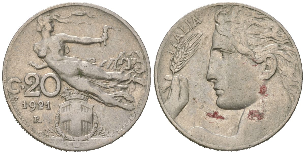 Италия 20 чентезимо 1921 R, Виктор Эммануил III (1900-1946) KM 44 никель 4615-631