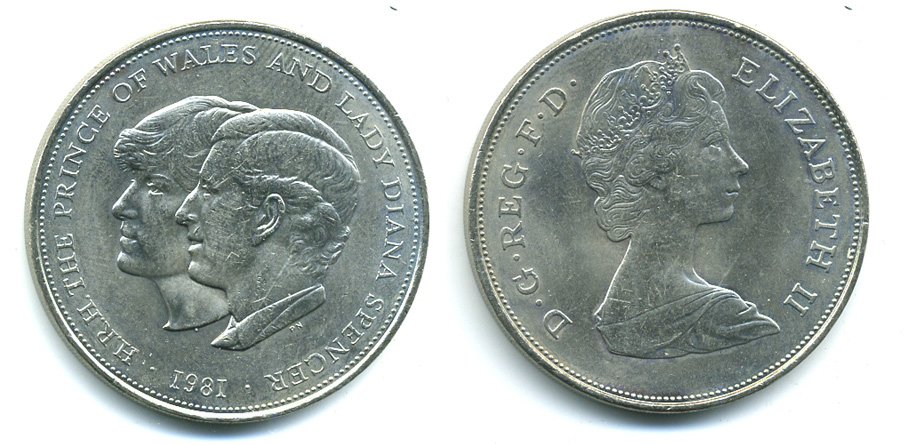 Великобритания 25 пенсов 1981 Королевская свадьба принца Чарльза и леди Дианы, Елизавета II (1952-2022) KM 925, Spink 4229 медно-никель 58-613